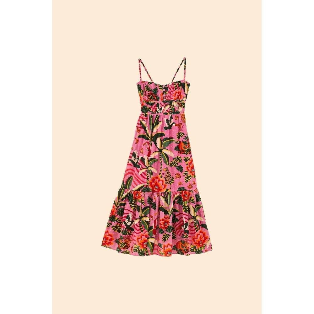 FARM RIO Pink Leopard Forest Midi Dress 100% Cotton Pink Tropical Backless S - Picture 2 of 16